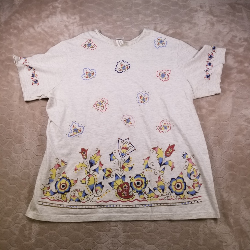 VTG 90s Basic Editions Gray Short Sleeve All Over Print Floral Paisley XL Shirt